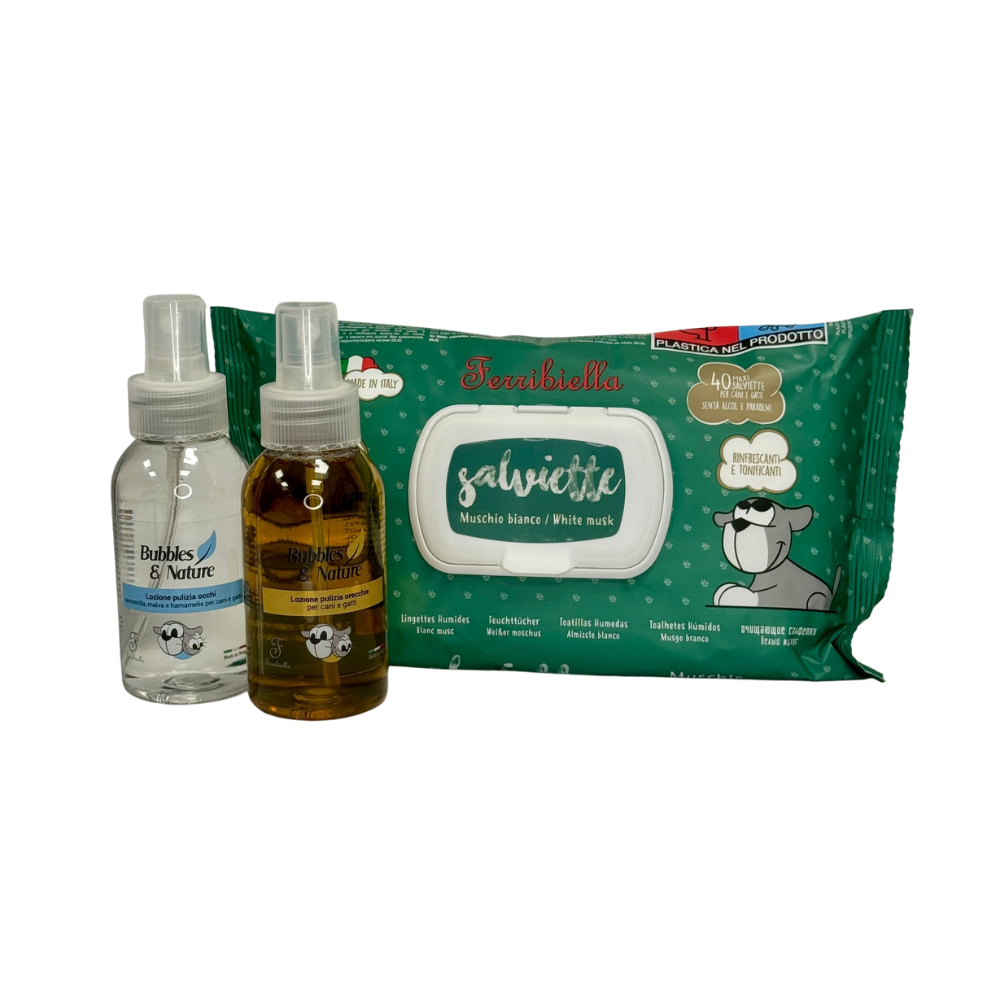 Dagelijkse verzorgingsset voor jouw hond: oorreiniger, oogreiniger en natte doekjes